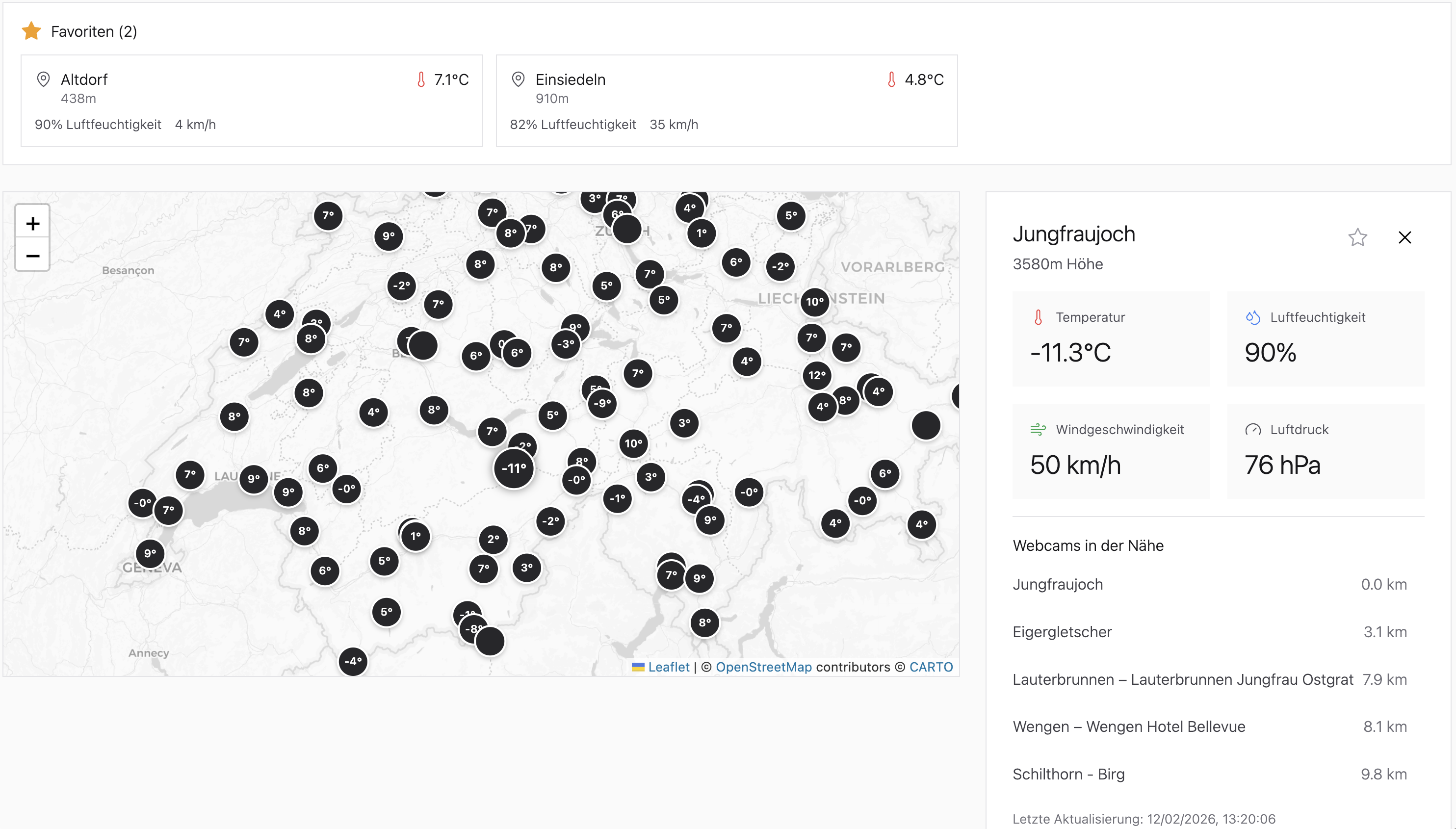 Schweizer Wetterkarte mit allen MeteoSchweiz Messstationen im Überblick
